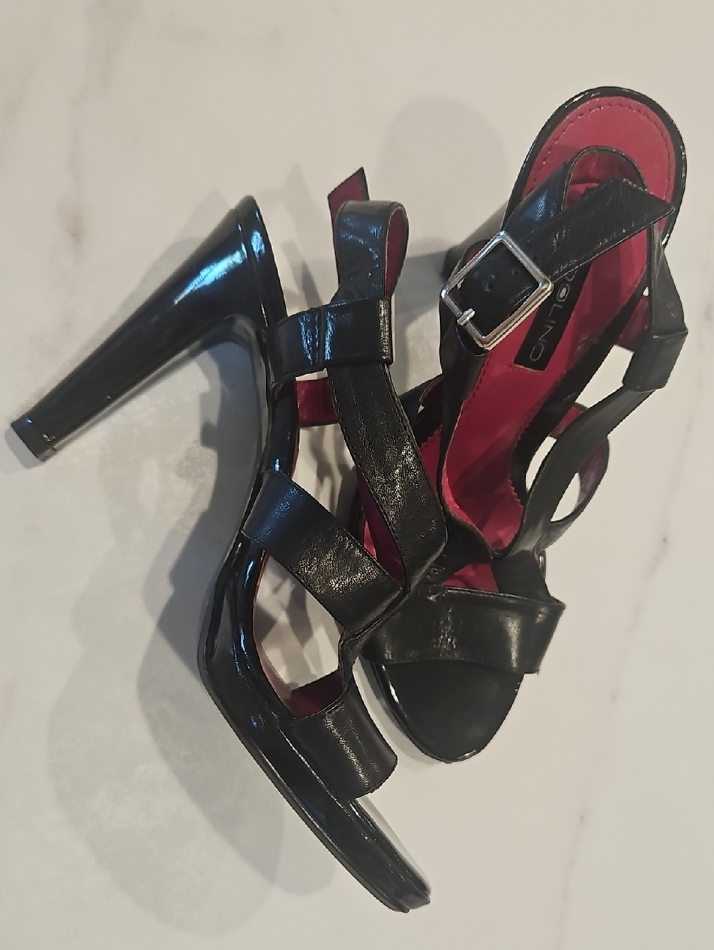 Bandolino Black Strappy High Heel Sandals with Red Insole